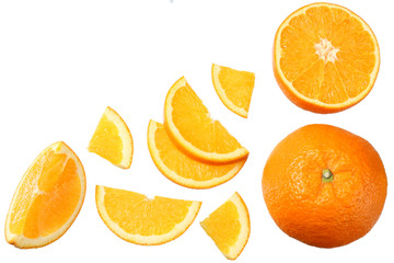orange with slices isolated on white background. healthy food. top view