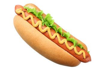 Hot dog grill with lettuce and mustard isolated on white background. fast food.