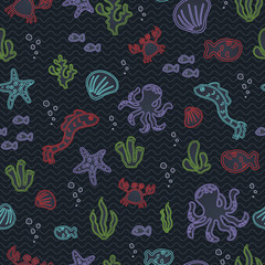 Sea world seamless vector pattern with starfish, moray eel, crabs and seaweed