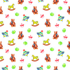 Watercolor seamless pattern of kid toys