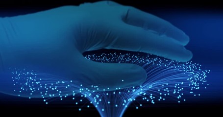 Doctors hand interacting in a digital particle environment. Futuristic healthcare concept - Powered by Adobe