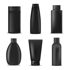 Cosmetic bottles of cream, shampoo, gel, lotion. Mock up, cosmetic package, black color