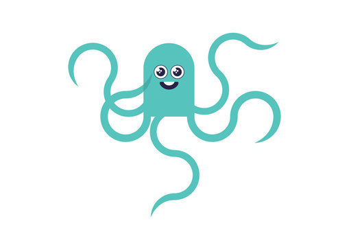 Cheerful green octopus vector illustration. Octopus cartoon character. Funny graphic octopus. Green-blue octopus isolated on white background