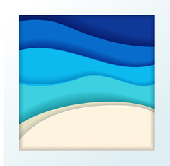 Abstract blue turquoise maldivian ocean and beach summer background with paper waves and textured seacoast. Tropical sea gradient paper wave and seacoast in white paper frame. Vector illustration