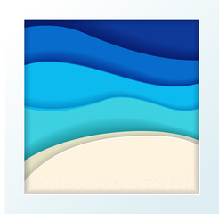 Obraz premium Abstract blue turquoise maldivian ocean and beach summer background with paper waves and textured seacoast. Tropical sea gradient paper wave and seacoast in white paper frame. Vector illustration