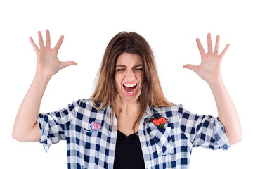 Young beautiful woman screaming.