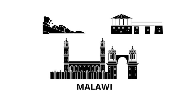 Malawi Flat Travel Skyline Set. Malawi Black City Vector Panorama, Illustration, Travel Sights, Landmarks, Streets.