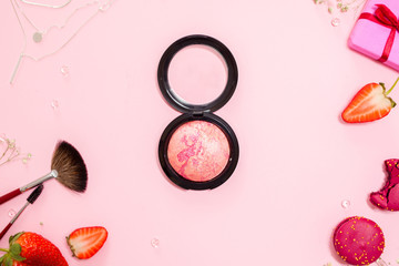 Cute pink flat lay, template with Rouge. Glamorous style