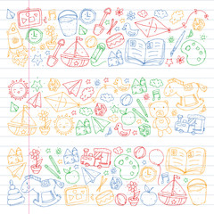 Kindergarten with toys. Pattern for children. Little preschool kids education. Drawing, learning, play