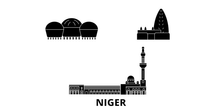 Niger flat travel skyline set. Niger black city vector panorama, illustration, travel sights, landmarks, streets.