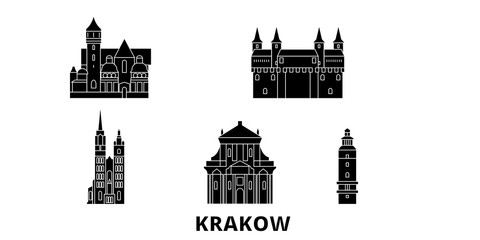 Poland, Krakow flat travel skyline set. Poland, Krakow black city vector panorama, illustration, travel sights, landmarks, streets.