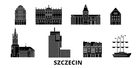 Poland, Szczecin flat travel skyline set. Poland, Szczecin black city vector panorama, illustration, travel sights, landmarks, streets. - obrazy, fototapety, plakaty