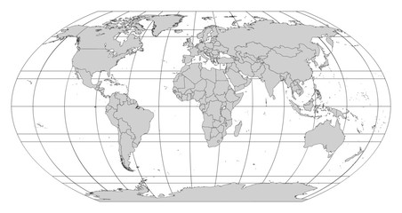 Grey contour world map in Robinson Projection with meridians and parallels grid. All countries and islands. Vector illustration - obrazy, fototapety, plakaty