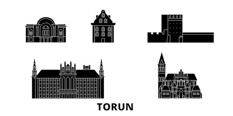 Poland, Torun flat travel skyline set. Poland, Torun black city vector panorama, illustration, travel sights, landmarks, streets.