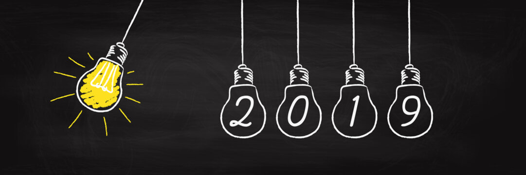 2019 pendulum light bulb concept on chalk board