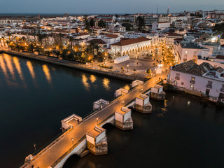 Aerial cityscape of beautiful Tavira in the evening, Algarve, Portugal