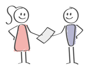 Stick Figure - woman handing paper to a man