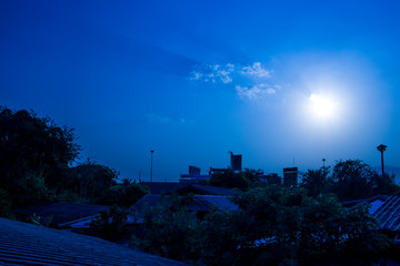 Blue sun set sky with city, Aerial view of dramatic sunset and sunrise / Blue sky in Chingmai Thailand.