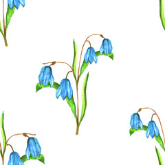 Seamless floral botanical pattern. Watercolor illustration of blue scilla flowers.