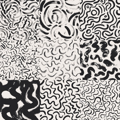 Curly lines grunge seamless patterns set. Vector ornaments for wrapping paper.