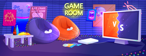 Game club room interior. Play video games on the console with comfortable armchairs and snacks for gamers. Vector cartoon illustration 