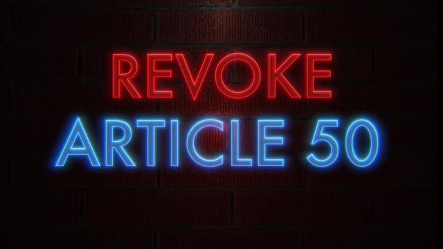 Multi coloured Neon text of the word &lsquo;Revoke Article 50&rsquo; flickering against brick wall, 4k. Brexit concept.