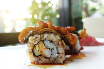 Unagi sushi roll japanese famous food with bokeh background.    