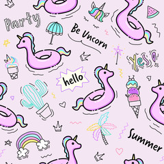 Unicorn rubber ring pattern seamless in pastel color. Unicorn swimming ring with cute hand drawn doodle summer element on soft purple background for scrapbook, wrapping paper and kid fabric print.