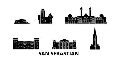 Naklejka premium Hiszpania, zestaw panoramę płaskich podróży San Sebastian. Hiszpania, czarna panorama wektor miasta San Sebastian, ilustracja, zabytki turystyczne, zabytki, ulice.
