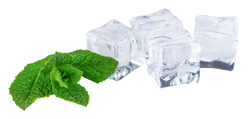 ice cube with mint leaves isolated on white background