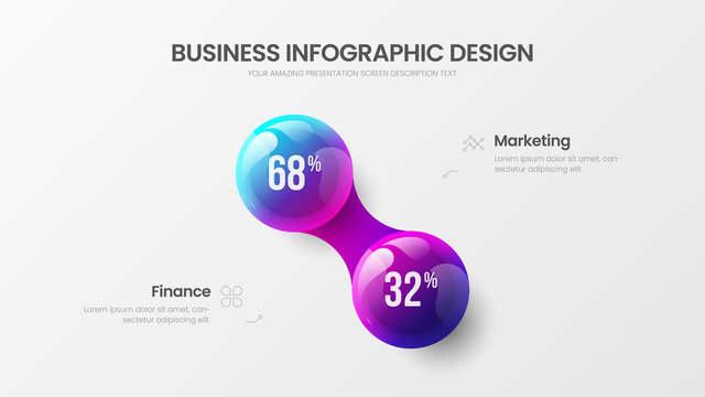 Business 2 option infographic presentation vector 3D colorful balls illustration. Corporate marketing analytics data report design layout. Company statistics information graphic visualization template