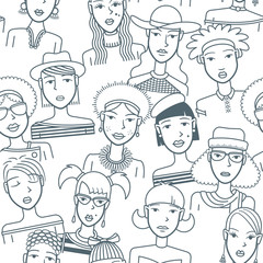 Cute girls, seamless pattern. Seamless pattern made with a set of avatars of young women. The girls are drawn with simple thin lines.