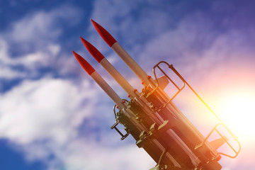 Nuclear rockets pointing up into the sky. army. weapon.