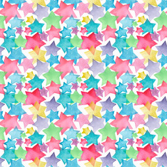Beautiful lovely cute wonderful graphic bright artistic red pink blue purple green yellow stars pattern watercolor hand sketch. Perfect for textile, wallpapers, invitation, wrapping paper