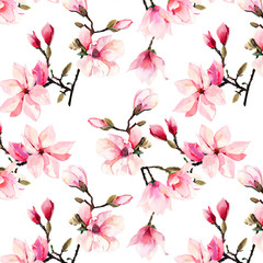 Fototapety  Piękny piękny przetargu ziołowy wspaniały kwiatowy lato wzór różowa magnolia japońska kwiaty akwarela ilustracja ręcznie. Idealny do tekstyliów, tapet, zaproszeń, papieru do pakowania, etui na telefon