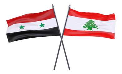 Syria and Lebanon, two crossed flags isolated on white background. 3d image