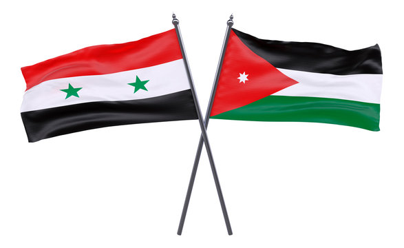 Syria and Jordan, two crossed flags isolated on white background. 3d image