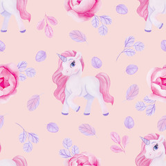 Seamless pattern with cute unicorn and leaves, watercolor hand draw element on colored background