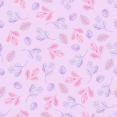 Seamless pattern on a colored backgroud with pastel leaves and flowers