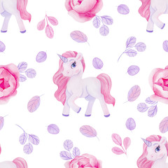 Seamless pattern with cute unicorn and leaves, watercolor hand draw element on colored background © марина васильева