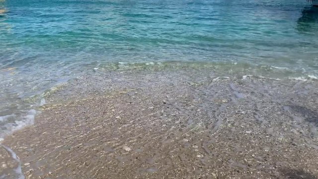 Caribbean beach shore with shallow waves and copy space