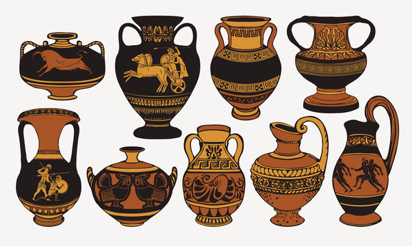Set of antique Greek amphorae, vases with patterns, decorations and life scenes. Ancient decorative pots isolated on white background, old clay jugs, ceramic pottery. Vector illustration