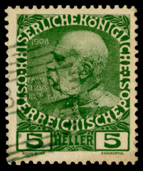 Austrian historical stamp: portrait of Emperor Franz Joseph I, 5 heller, 1908, special cancellation, Austria, Austro Hungarian Empire
