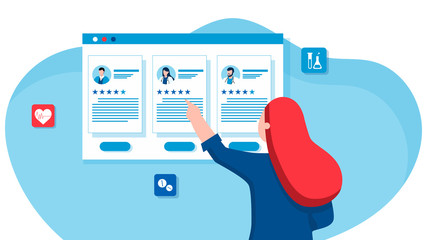 Young woman chooses a doctor. Planning for pregnancy, treatment of diseases, maintaining health. Vector illustration with bright characters. For sites, catalogs and presentations.
