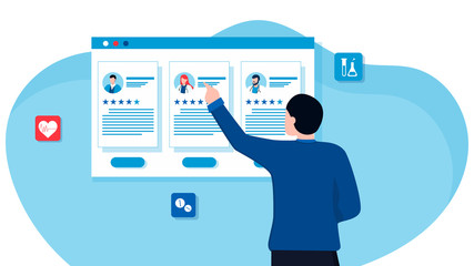 Young man chooses a doctor. Planning for pregnancy, treatment of diseases, maintaining health. Vector illustration with bright characters. For sites, catalogs and presentations.