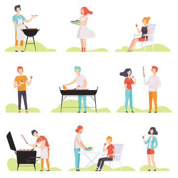People grilling barbecue on a grill, men and women having outdoor bbq party vector Illustrations on a white background