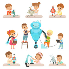 Cute little kids programming and creating smart robots set, educational project concept for children vector Illustrations on a white background