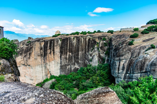 Metora - rock formation in central Greece. Beautiful scenery, sunny summer day with blue sky in the background.  Touristic destination