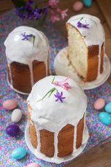 Traditional homemade Easter cake in the Easter decoration. Rustic style.