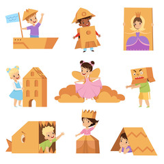 Cute creative kids playing toys and costumes made of cardboard boxes set vector Illustrations on a white background